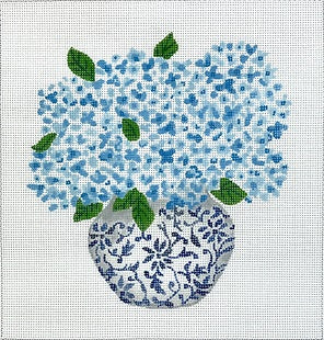 Kate Dickerson Needlepoint Collections Lindsay Brackeen Blue Chinoiserie Pot with Blue Hydrangeas Leaves Needlepoint Canvas