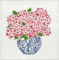 Kate Dickerson Needlepoint Collections Lindsay Brackeen Blue Chinoiserie Pot with Pink Hydrangeas & Green Leaves Needlepoint Canvas