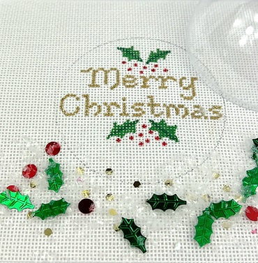 Kate Dickerson Needlepoint Collections Christmas Ornament with Clear Dome Cover and Confetti Merry Christmas with Holly Gold Letters Needlepoint Canvas