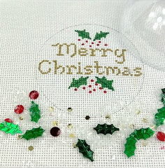 Kate Dickerson Needlepoint Collections Christmas Ornament with Clear Dome Cover and Confetti Merry Christmas with Holly Gold Letters Needlepoint Canvas