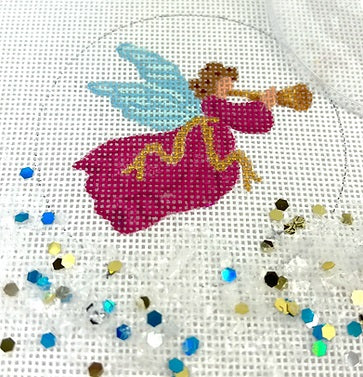 Kate Dickerson Needlepoint Collections Christmas Ornament with Clear Dome Cover and Confetti Angel with Horn Needlepoint Canvas
