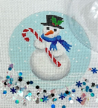 Kate Dickerson Needlepoint Collections Christmas Ornament with Clear Dome Cover and Confetti Snowman with Candy Cane Needlepoint Canvas