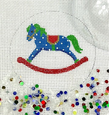 Kate Dickerson Needlepoint Collections Christmas Ornament with Clear Dome Cover and Confetti Rocking Horse Needlepoint Canvas
