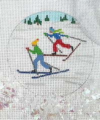Kate Dickerson Needlepoint Collections Round with Clear Dome and Confetti Cross Country Skiers Needlepoint Canvas