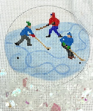 Kate Dickerson Needlepoint Collections Round with Clear Dome and Confetti Hockey Practice on The Pond Needlepoint Canvas