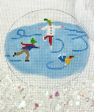 Kate Dickerson Needlepoint Collections Round with Clear Dome and Confetti Skaters on Pond with Snow Needlepoint Canvas
