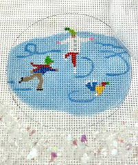 Kate Dickerson Needlepoint Collections Round with Clear Dome and Confetti Skaters on Pond with Snow Needlepoint Canvas