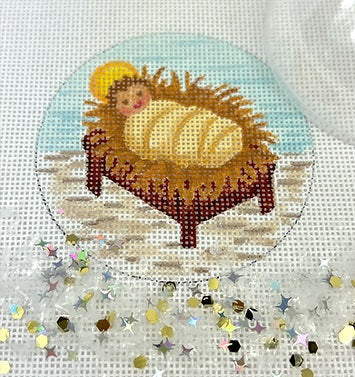 Kate Dickerson Needlepoint Collections Christmas Ornament with Clear Dome Cover and Confetti Baby Jesus In Manger Needlepoint Canvas