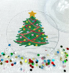 Kate Dickerson Needlepoint Collections Christmas Ornament with Clear Dome Cover and Confetti Christmas Tree with Star and Decorations Needlepoint Canvas