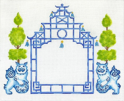 Kate Dickerson Needlepoint Collections Chinoiserie Letter Pagoda with Foo Dogs and Topiaries Lues with Greens Specify Letter Or Blank Needlepoint Canvas