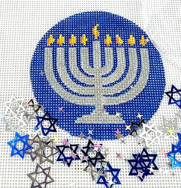 Kate Dickerson Needlepoint Collections Hanukkah Round with Clear Dome and Confetti Silver Menorah on Deep Blue Needlepoint Canvas