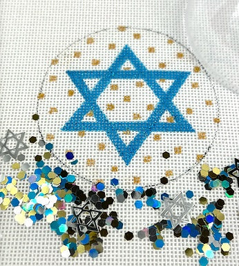 Kate Dickerson Needlepoint Collections Hanukkah Round with Clear Dome and Confetti Star Of David Sparkly Aqua Blue with Gold Dots Needlepoint Canvas