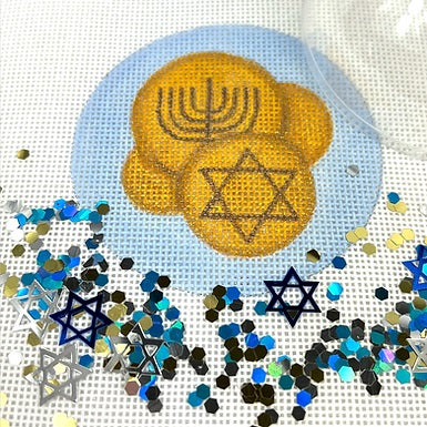 Kate Dickerson Needlepoint Collections Hanukkah Round with Clear Dome and Confetti Gelt on Light Blue Needlepoint Canvas