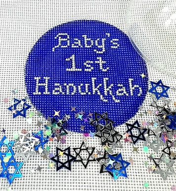 Kate Dickerson Needlepoint Collections Hanukkah Round with Clear Dome and Confetti Babys First Hanukkah Sparkly White on Royal Blue Needlepoint Canvas