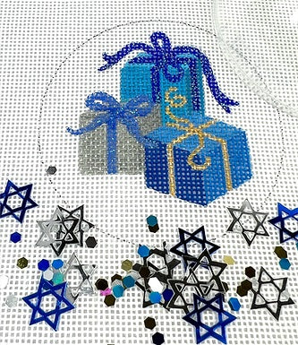 Kate Dickerson Needlepoint Collections Hanukkah Round with Clear Dome and Confetti Hanukkah Gifts Needlepoint Canvas