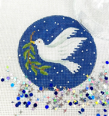 Kate Dickerson Needlepoint Collections Round with Clear Dome and Confetti Dove with Olive Branch on Starry Night Sky Needlepoint Canvas