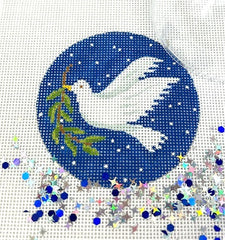 Kate Dickerson Needlepoint Collections Round with Clear Dome and Confetti Dove with Olive Branch on Starry Night Sky Needlepoint Canvas
