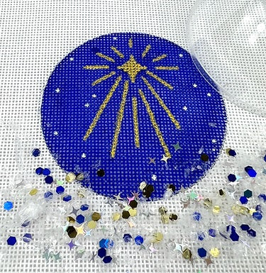 Kate Dickerson Needlepoint Collections Christmas Ornament with Clear Dome Cover and Confetti Star Of Bethlehem on Night Sky Needlepoint Canvas