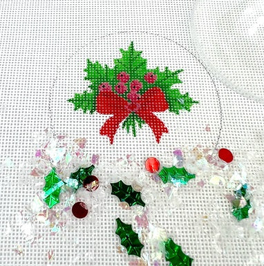 Kate Dickerson Needlepoint Collections Christmas Ornament with Clear Dome Cover and Confetti Holly with Berries and Red Bow Needlepoint Canvas