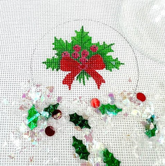 Kate Dickerson Needlepoint Collections Christmas Ornament with Clear Dome Cover and Confetti Holly with Berries and Red Bow Needlepoint Canvas