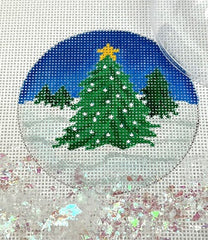 Kate Dickerson Needlepoint Collections Christmas Ornament with Clear Dome Cover and Confetti Trees with Star In Sparkly Snow Needlepoint Canvas