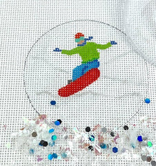 Kate Dickerson Needlepoint Collections Round with Clear Dome and Confetti Snowboarder on Sparkly White Snow Needlepoint Canvas