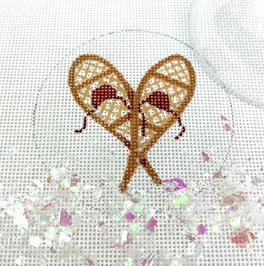 Kate Dickerson Needlepoint Collections Round with Clear Dome and Confetti Snowshoes on Sparkly White Snow Needlepoint Canvas
