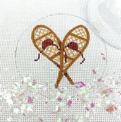 Kate Dickerson Needlepoint Collections Round with Clear Dome and Confetti Snowshoes on Sparkly White Snow Needlepoint Canvas