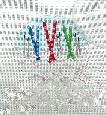 Kate Dickerson Needlepoint Collections Round with Clear Dome and Confetti Skis and Poles on Sparkly White Snow Needlepoint Canvas