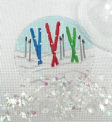 Kate Dickerson Needlepoint Collections Round with Clear Dome and Confetti Skis and Poles on Sparkly White Snow Needlepoint Canvas