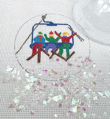 Kate Dickerson Needlepoint Collections Round with Clear Dome and Confetti Skiers on Chair Lift Needlepoint Canvas
