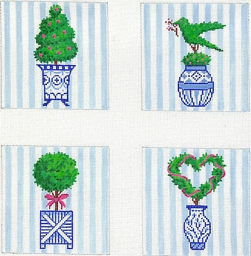Kate Dickerson Needlepoint Collections Set Of Four Coasters Christmas Topiaries Needlepoint Canvas