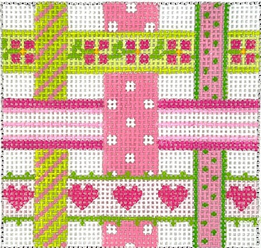 Kate Dickerson Needlepoint Collections Woven Ribbons Pinks and Greens Needlepoint Canvas