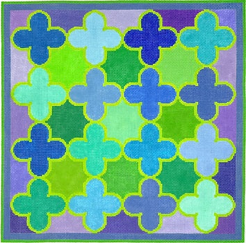 Kate Dickerson Needlepoint Collections Moroccan Tiles Quatrefoils In Blues Greens Turquoise and Lavender Needlepoint Canvas