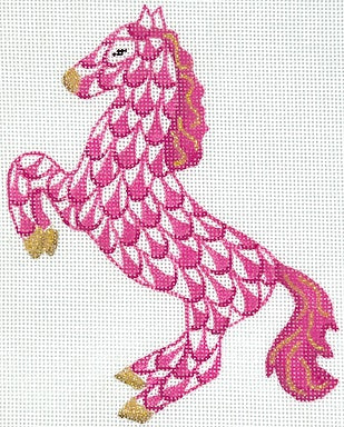 Kate Dickerson Needlepoint Collections Fishnet Mini - Leaping Horse - Pinks & Golds Needlepoint Canvas