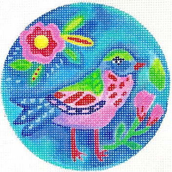 Kate Dickerson Needlepoint Collections Julia Eves Green Pink and Blue Bird with Pink Flowers Needlepoint Canvas