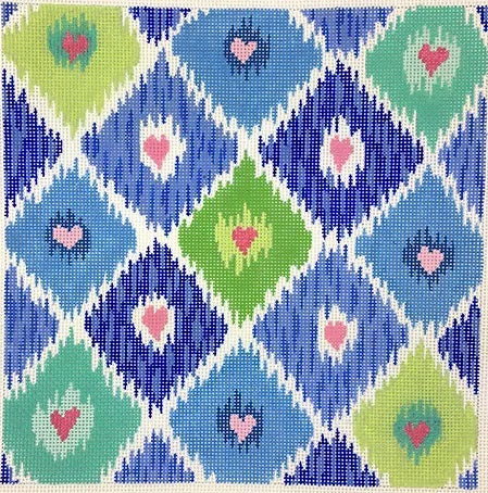 Kate Dickerson Needlepoint Collections Ikat Diamonds with Allover Hearts Blues Greens and Pinks Needlepoint Canvas