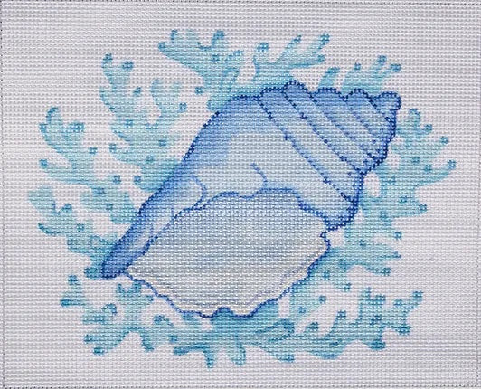 Kate Dickerson Needlepoint Collections Conch Shell with Coral All In Shades Of Blue Needlepoint Canvas