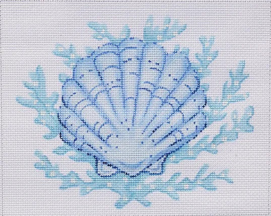 Kate Dickerson Needlepoint Collections Scallop Shell with Coral All In Shades Of Blue Needlepoint Canvas