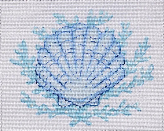 Kate Dickerson Needlepoint Collections Scallop Shell with Coral All In Shades Of Blue Needlepoint Canvas