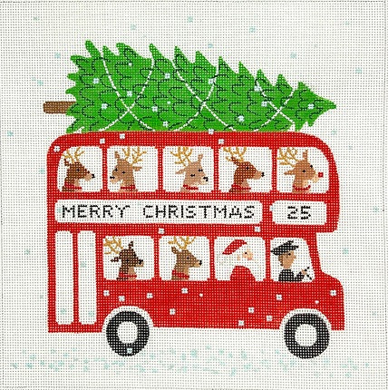 Kate Dickerson Needlepoint Collections Klara Hawkins London Christmas Bus with Santa and Reindeer Needlepoint Canvas