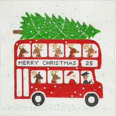 Kate Dickerson Needlepoint Collections Klara Hawkins London Christmas Bus with Santa and Reindeer Needlepoint Canvas