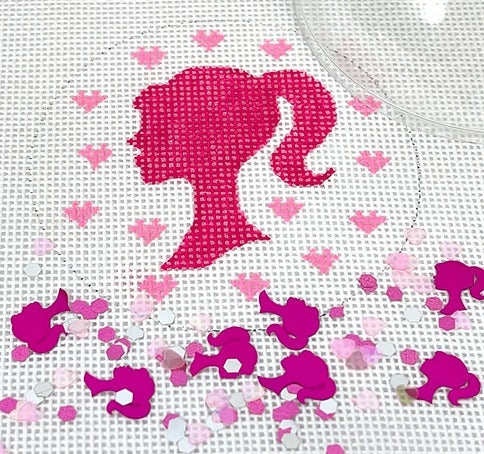 Kate Dickerson Needlepoint Collections Round with Clear Dome and Confetti Barbie Girl Needlepoint Canvas