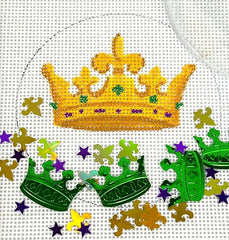 Kate Dickerson Needlepoint Collections Round with Clear Dome and Confetti Mardi Gras Crown Needlepoint Canvas