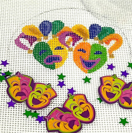 Kate Dickerson Needlepoint Collections Round with Clear Dome and Confetti Mardi Gras Masks Needlepoint Canvas