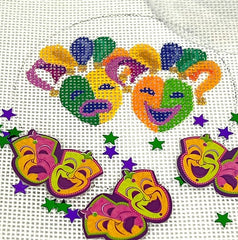Kate Dickerson Needlepoint Collections Round with Clear Dome and Confetti Mardi Gras Masks Needlepoint Canvas