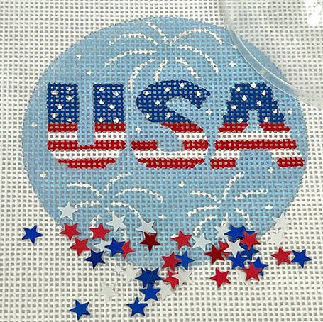 Kate Dickerson Needlepoint Collections Round with Clear Dome and Confetti Patriotic USA with Sparkly White Fireworks on Sky Needlepoint Canvas