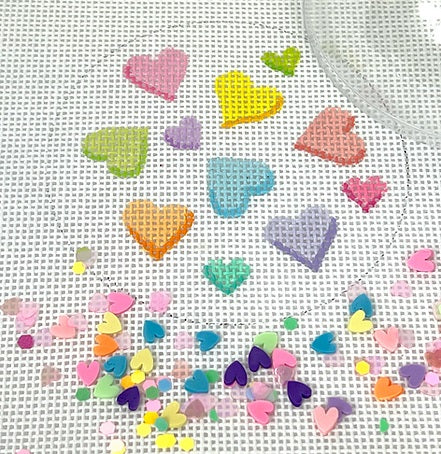 Kate Dickerson Needlepoint Collections Round with Clear Dome and Confetti Valentine's Day Candy Hearts Needlepoint Canvas