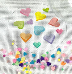 Kate Dickerson Needlepoint Collections Round with Clear Dome and Confetti Valentine's Day Candy Hearts Needlepoint Canvas
