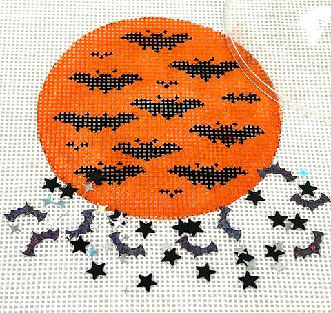 Kate Dickerson Needlepoint Collections Round with Clear Dome and Confetti Halloween Bats on Orange Needlepoint Canvas